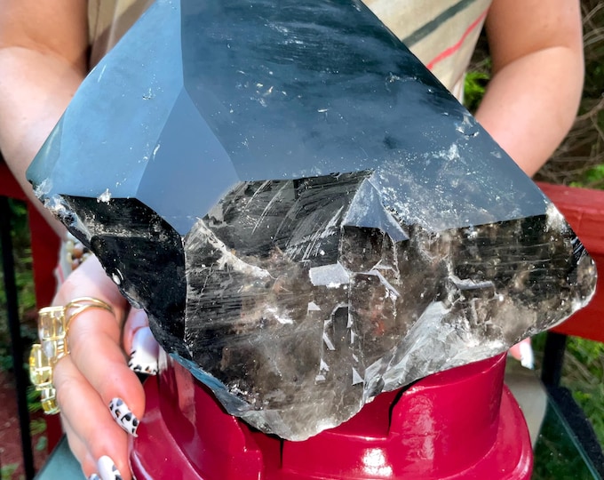 Black Morion Quartz Display Crystal 12 Lb. 14 oz.  Single-Terminated Point Cluster ~ 7" Tall ~Natural Black Color ~ Custom Hand Carved Stand