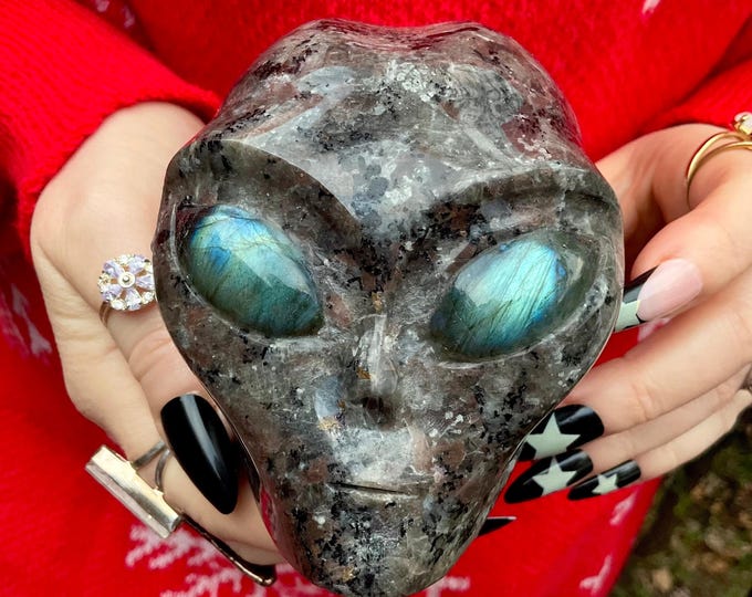 Que Sera Opal Crystal Alien Skull ~ Large 2 Lb 12 oz ~ 4" Long ~ w/ Labradorite Eyes ~ One-of-a-Kind Blue Gray Color ~ Hand Carved Sculpture