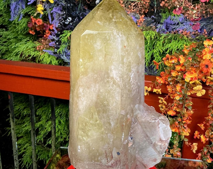 Clear Citrine Quartz Crystal Point ~ 10 Lb. 9 oz. ~ 11" Tall~ Sparkling Yellow with Golden Rainbow Inclusions ~ Custom Hand Carved Stand