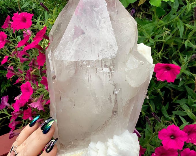 Dream Quartz Crystal Cluster ~ 6 Lb. 15 oz. ~ 9" Long ~ Natural Himalayan Clear Point on Albite Matrix ~ Healing Decor, Ancient Striations ~