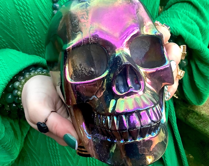 Rainbow Aura Titanium Agate Crystal Skull ~ Large 7 Lb. 4 oz. ~ 7" Long ~ Expertly Hand Carved, Life Size Sculpture ~ Ships from U.S.A. ~