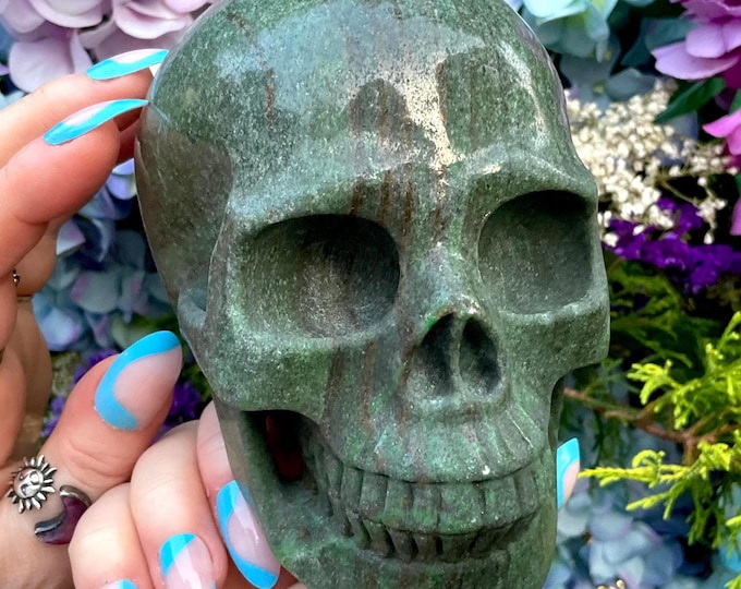 Green Garnet Tsavorite Crystal Skull ~ Large 2 Lb 15 oz ~ 5" Long ~ Sparkling Green & Black Inclusions~ Expertly Hand Carved ~ Fast Shipping