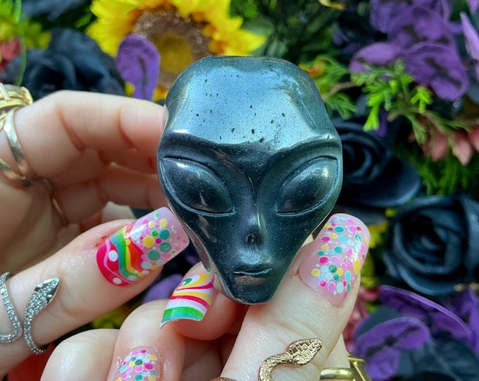 Hematite Alien Skull Crystal Mini Skull ~ 9 oz. ~ 2" Long ~ Black Metallic Luster Gemstone ~ Hand-Carved Sculpture ~ Fast & Free Shipping