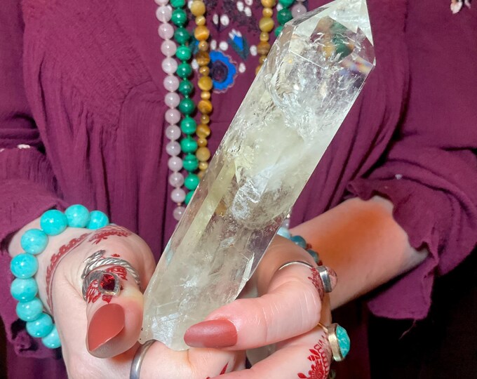 High Altitude Himalayan Citrine Quartz Crystal Wand ~ Large 5 oz. ~ 5" Long ~ Clear Natural Yellow Color, Sparkling Rainbow Inclusions