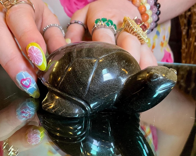 Turtle Carving Golden Sheen Obsidian ~ 10 oz. ~5" Long ~ Hand Carved Animal Totem ~Stunning Display ~ Gorgeous Sparkling Black Mineral