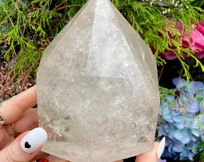 Clear Quartz Crystal Generator ~ Large 2 lb. 8 oz. ~ 5" Tall Tower ~ White Clouds ~ Sparkling Rainbow Inclusions