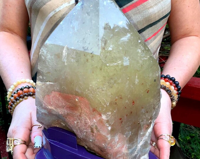 Clear Citrine Quartz Crystal Point ~ 15 Lb.  10 oz. ~ 10" Tall~ Sparkling Yellow with Golden Rainbow Inclusions ~ Custom Hand Carved Stand