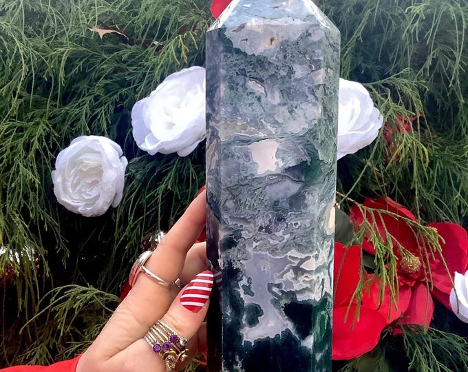 Moss Agate Crystal Generator ~ 3 lb. 8 oz. ~ 10 1/2" Tall Tower ~ Electric Green Vibrant Patterns Sparkling Colors