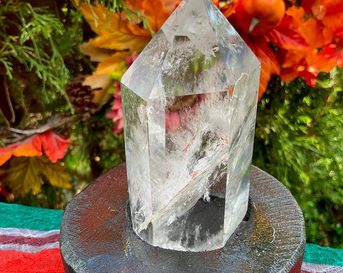 Himalayan Clear Quartz Crystal Generator ~ 13 oz. ~ 5" Tall ~ with Custom-Made Wooden Display Stand ~ Sparkling Colors ~ Fast Free Shipping