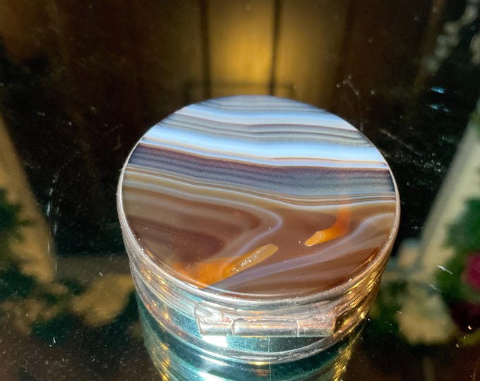 Banded Agate Vintage Pill Box / Snuff Box ~ 1 1/2" Long ~ Beautiful Gold, Gray White & Black Colors, Luminosity, And Transparency