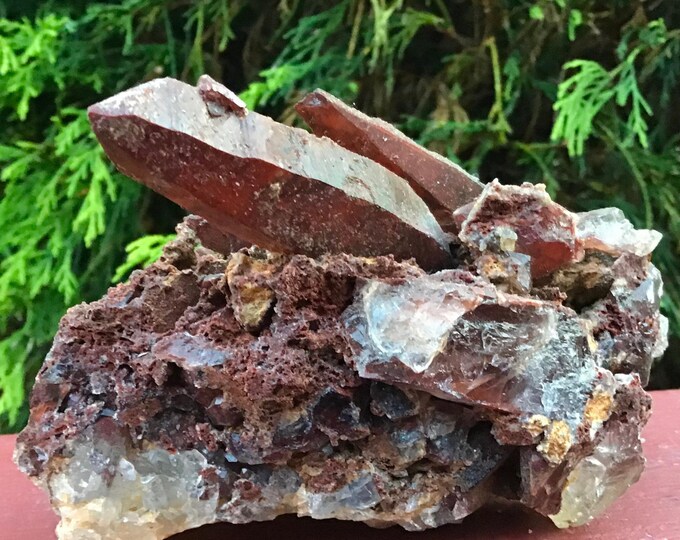 Red Quartz Crystal Cluster ~ Large 10.9 oz ~ 5" Long ~ Perfect Long Points ~ Mined In Morocco ~ Kundalini, Root Chakra, Fast & Free Shipping