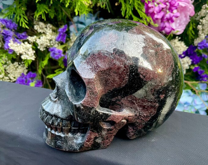 Black Tourmaline & Red Garnet Crystal Skull ~ Large 3 Lb. 3 oz. ~ 5" Long ~ Swirling Colorful Red ~ Black Inclusions ~ Expertly Hand Carved