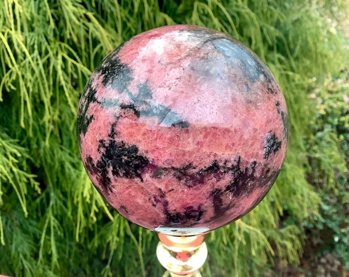 Large Polished Rhodonite Crystal Ball: Pink, Black & White Altar Display