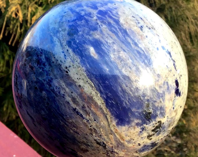 Sodalite Crystal Ball ~ Large 4 lb. 8 oz. ~ 4" Wide Polished Sphere ~ Royal Blue, Gray, Gold Colors ~ Reiki, Altar, Feng Shui, Yoga, Décor
