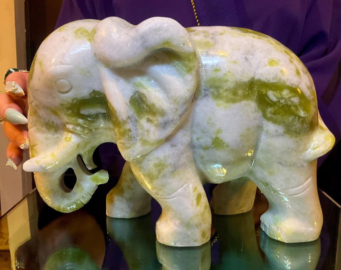 Tremolite Jade Elephant 11 Lb. 12 oz. ~ 9" Long ~ Expertly Hand Carved Animal Totem Display Specimen ~ Sparkling Yellow Green Colors