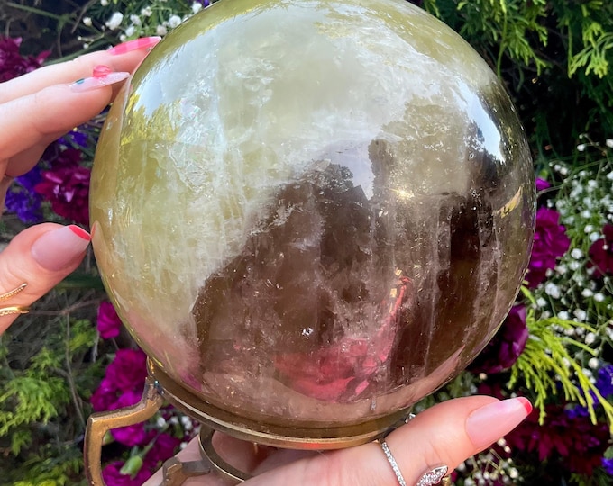 Smokey Citrine Crystal Ball ~ Large 8 Lb 14 oz ~ with Brass Stand ~ 5" Wide ~ Golden Banded Quartz Sphere Sparkly Inclusions ~ Free Shipping