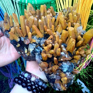 Limonit & svart barytkvartskristallkluster ~ Stor 4,7 kg ~ 23 cm lång ~ Orange punkter ~ Sakral chakra Reiki altaredisplay ~ Fantastisk bild 7