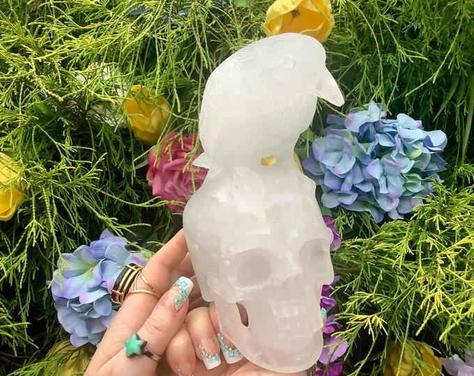 Clear Quartz Crystal Raven Skull ~ Large 3 Lb. 9 oz. ~ 7" Tall ~ Hand Carved ~ Translucent One-of-a-Kind  Carving