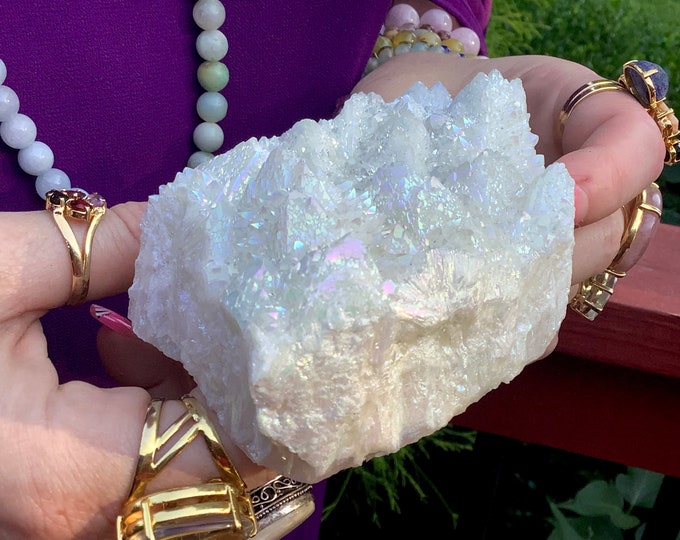 White Aura Quartz Crystal Cluster ~ Large 12 oz. ~ 4" Long ~ Electric Pearlescent Rainbow Iridescent Sparkling Points