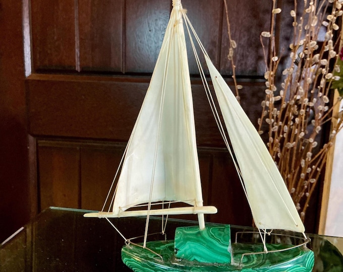 Malachite Sailboat Carving 1 Lb.3 oz. ~ Vintage Detailed Sail Rigging ~ 9" Tall ~ Hand Crafted from Congo ~ 6" Long ~ Museum Quality