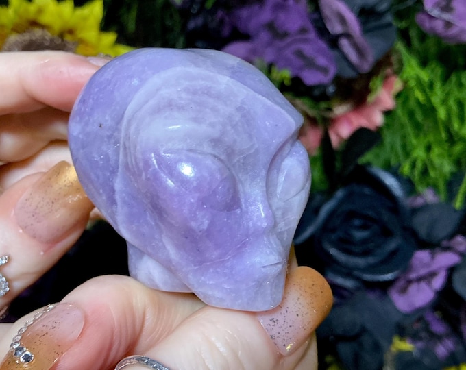 Lepidolite Alien Crystal Mini Skull ~ 5 oz. ~ 2" Long ~ Purple & Sparkling Silver Mica Gemstone ~ Hand-Carved Sculpture ~ Fast Shipping