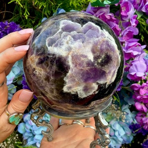 Amethyst Crystal Ball with Display Stand ~ Large 5 Lb ~ 4 1/2&quot; Wide ~ Purple and White Colors ~ Fast & Free Shipping, USA + Global Shipping