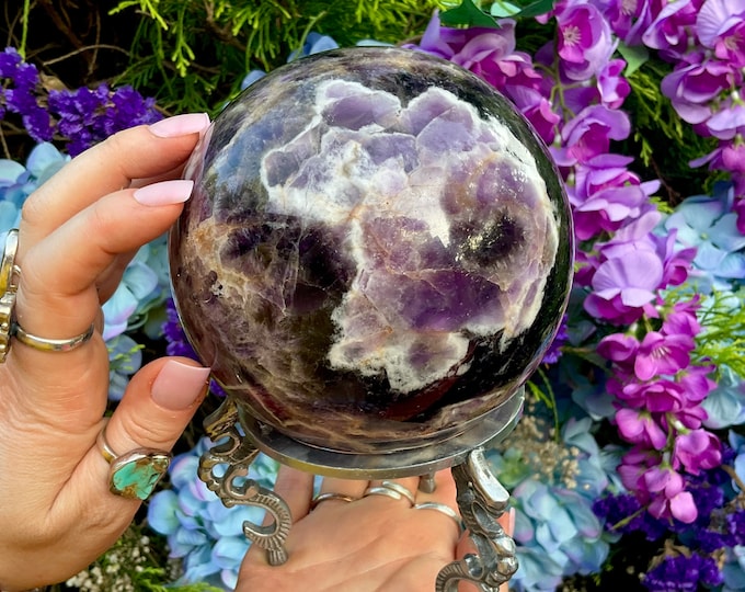 Amethyst Crystal Ball with Display Stand ~ Large 5 Lb ~ 4 1/2" Wide ~ Purple and White Colors ~ Fast & Free Shipping, USA + Global Shipping