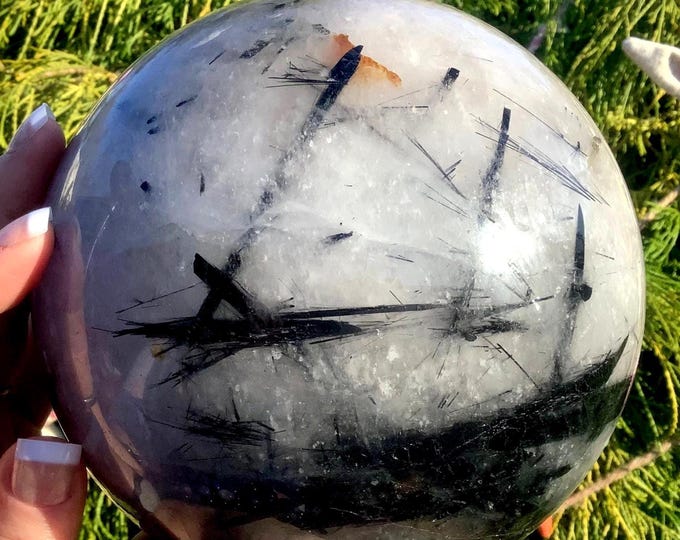 Black Tourmaline Quartz Crystal Ball ~ Large 9 lb. 14 oz. ~ 6" Wide ~ Golden Healer Inclusions ~ Metaphysical Home Decor, Root Chakra Altar