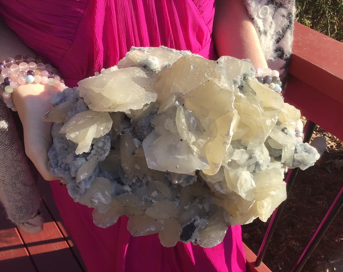 Peach Calcite Crystal Cluster ~ Large 18 lb. ~ 12" Long ~ Sparkling Fluorite Matrix ~ Rare Specimen ~ Gorgeous Display ~ Free Shipping, USA