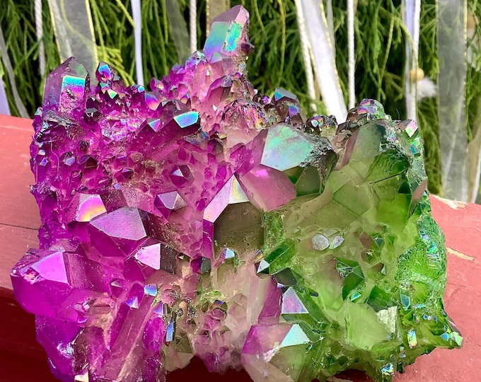 Purple & Green Aura Quartz Crystal Cluster ~ Large 1 lb. 15 oz. ~ 5" Long ~ Big Rainbow Iridescent Electric Points ~ Fast Shipping from USA