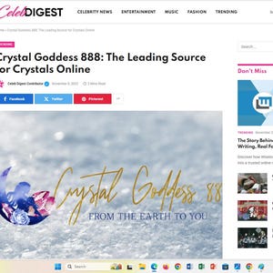 May include: A digital banner for Crystal Goddess 888 featuring a crescent moon graphic with pink and blue crystals, gold cursive text reading Crystal Goddess 888, and the tagline FROM THE EARTH TO YOU set against a blurred, snowy white background.
