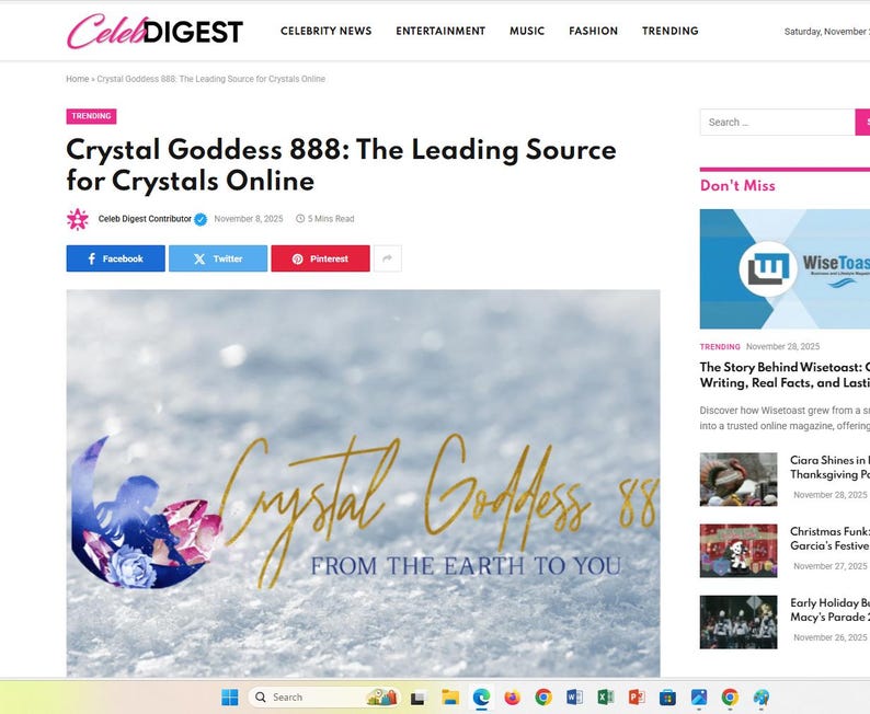 May include: A digital banner for Crystal Goddess 888 featuring a crescent moon graphic with pink and blue crystals, gold cursive text reading Crystal Goddess 888, and the tagline FROM THE EARTH TO YOU set against a blurred, snowy white background.
