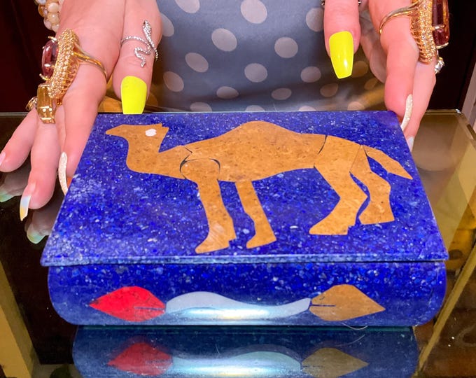 Lapis Lazuli Jewelry Box with Lid~ 6" Long ~ Handmade from Afghanistan ~ Vintage Display Specimen ~ Inlaid Yellow Jasper Camel