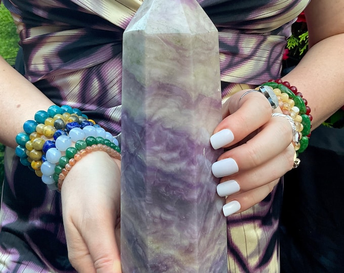 CLEARANCE! ~ Lavender Fluorite Crystal Generator ~ Large 4 Lb. ~ 9" Tall Tower ~ Green Phantoms, Swirling White, Purple Colors ~