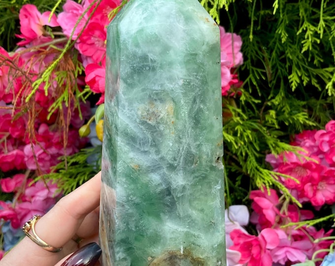 Green Fluorite Crystal Generator ~ Large 1 lb. 15 oz. ~ 6" Tall ~ White and Gold Inclusions ~ Reiki, Home Decor ~ Fast & Free Shipping, USA