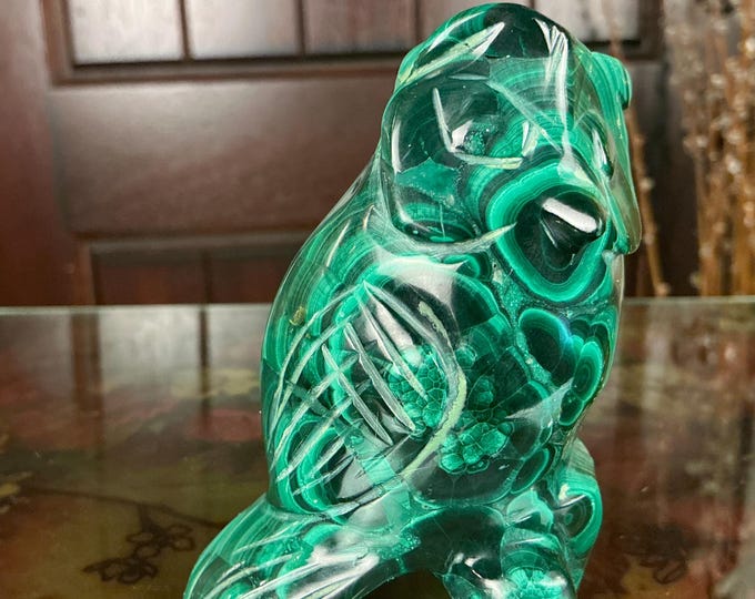 African Malachite Owl Large 13 oz. ~ 3" Tall ~ Expertly Hand Carved ~ Polished to Perfection ~ Stunning Vintage Africa Display Specimen