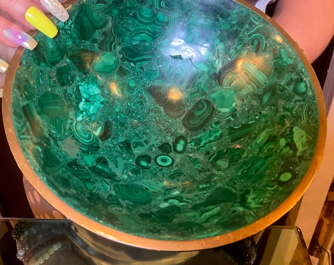 Vintage Malachite 2 Lb. Bowl - 8" Round ~ Copper Trim ~ Hand Made and Carved ~ Green Swirling Bullseye Colors