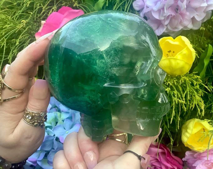 Green Fluorite Crystal Skull ~ Large 3 Lb. 11 oz. ~ 5" Tall ~ Hand Carved ~ Sparkling Translucent Sculpture ~ Fast & Free Shipping, U.S.A. ~