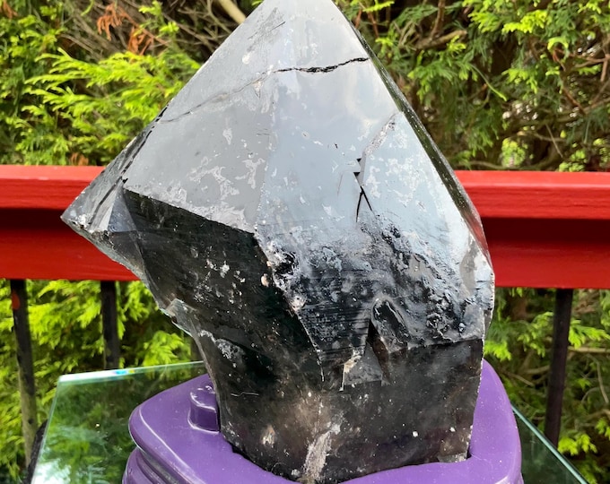 Black Morion Quartz Display Crystal 7 Lb. 4 oz.  Single-Terminated Point Cluster ~ 8" Tall ~Natural Black Color ~ Custom Hand Carved Stand