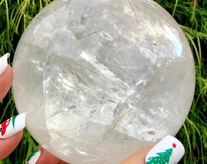 Clear Quartz Crystal Ball ~ Large 2 Lb. 13 oz. ~ 3 1/2" Wide ~ Stunning Rainbow and Silver Inclusions ~ Chakra Altar, Reiki Healing Decor