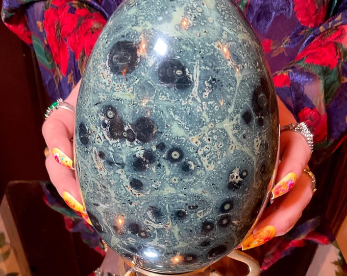 Kambaba Jasper Crystal Egg Large 8 lb. W/ Stand ~ 7" Tall ~ Sparkling Green & Black Colors Swirling Inclusions ~ Fast Free Shipping