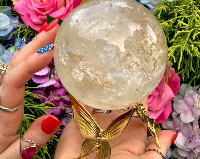 Clear Quartz Crystal Ball w/ Butterfly Display Stand ~ 2 Lb. 4 oz. ~ 3" Wide ~ Stunning Golden Healer Inclusions, Silver Flashes, Rainbows ~