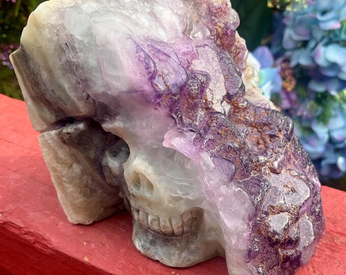 Rainbow Fluorite Crystal Skull ~ Large 2 Lb. 2 oz. ~ 4 1/2" Tall ~ Hand Carved Sculpture ~ Translucent Purple Rainbow Colors ~ Free Standing