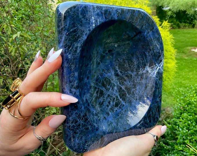 Blue Sodalite Crystal Bowl ~ Large 4 Lb. 2 oz. ~ 7" Long ~ Beautiful Blue, White & Black Polished Mineral Specimen ~ Fast and Free Shipping
