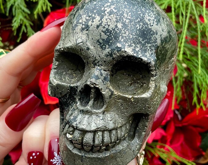 Pyrite with Tourmaline Crystal Skull ~ Large 2 Lb. 5 oz. ~ 4" Long ~ Rare Metaphysical Home Decor ~ Altar Display, Meditation, Home, Office