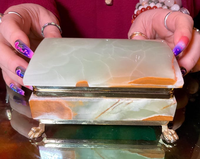 Afghan Jade Jewelry Box with Hinged Lid ~4" Long ~ Vintage Hand Carved Display Charging Box ~ Swirling Green, White & Golden Pattern