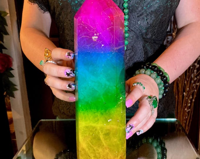 Rainbow Aura Fluorite Crystal Generator ~ 6 lb. ~ 11" Tall Tower ~ Colorful Pink Blue Green Yellow Color ~ Fast & Free Shipping U.S.A.