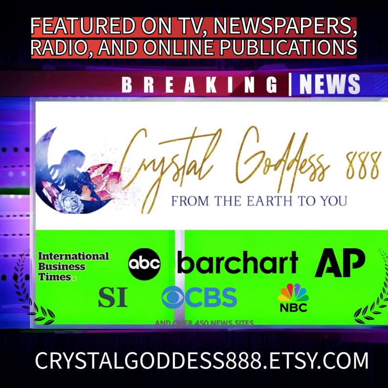 May include: A digital graphic featuring the text FEATURED ON TV, NEWSPAPERS, RADIO, AND ONLINE PUBLICATIONS and BREAKING NEWS. The logo Crystal Goddess 888 FROM THE EARTH TO YOU is displayed above logos for ABC, Barchart, AP, SI, CBS, and NBC.