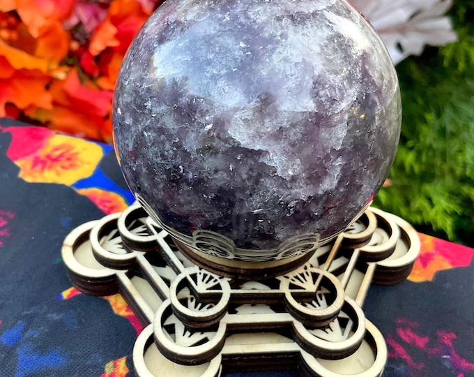 Lepidolite Crystal Ball ~ 15 oz. ~ 2 1/2" Wide ~ Purple White & Sparkling Silver Mica Sphere ~ w/ Sacred Geometry Stand ~