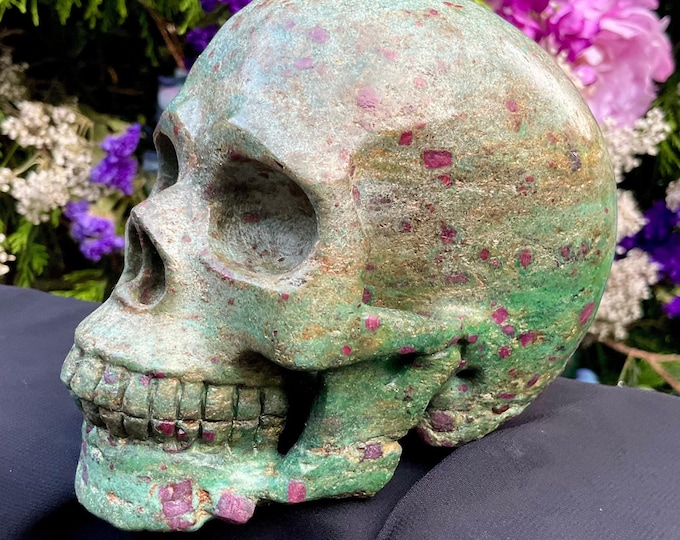 Ruby Zoisite & Fuchsite Crystal Skull ~ 3 Lb. 2 oz~ Sparkling Green and Red Colors ~ 5" Long ~Hand-Crafted Display Sculpture ~ Fast Shipping